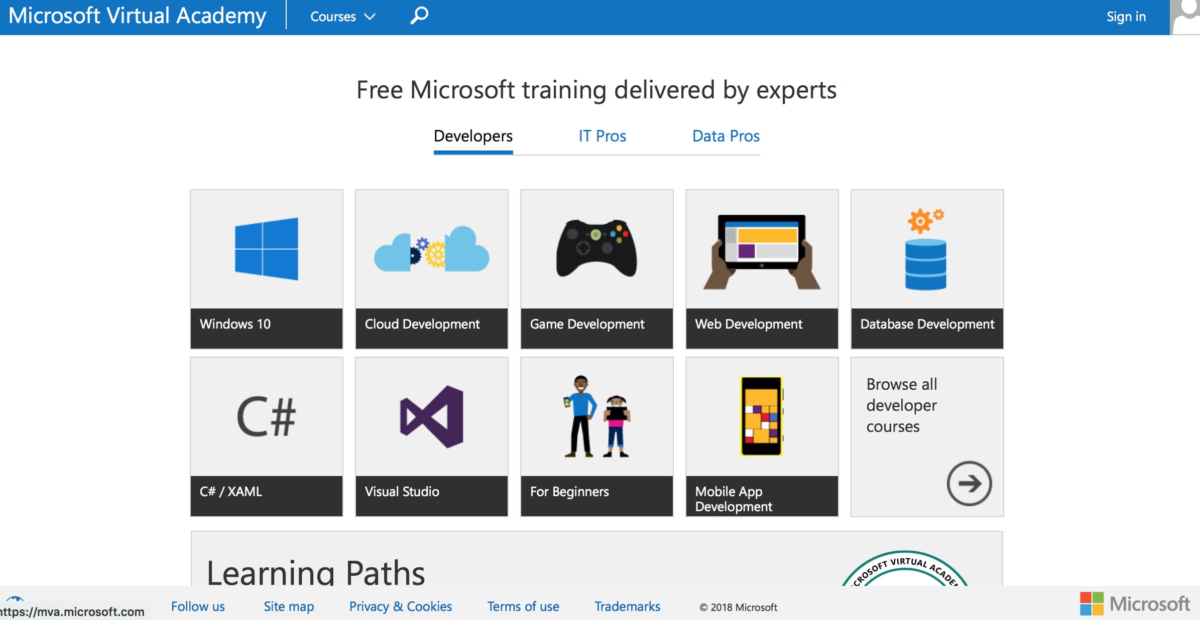 Microsoft Virtual Academy, скриншот интерфейса 1